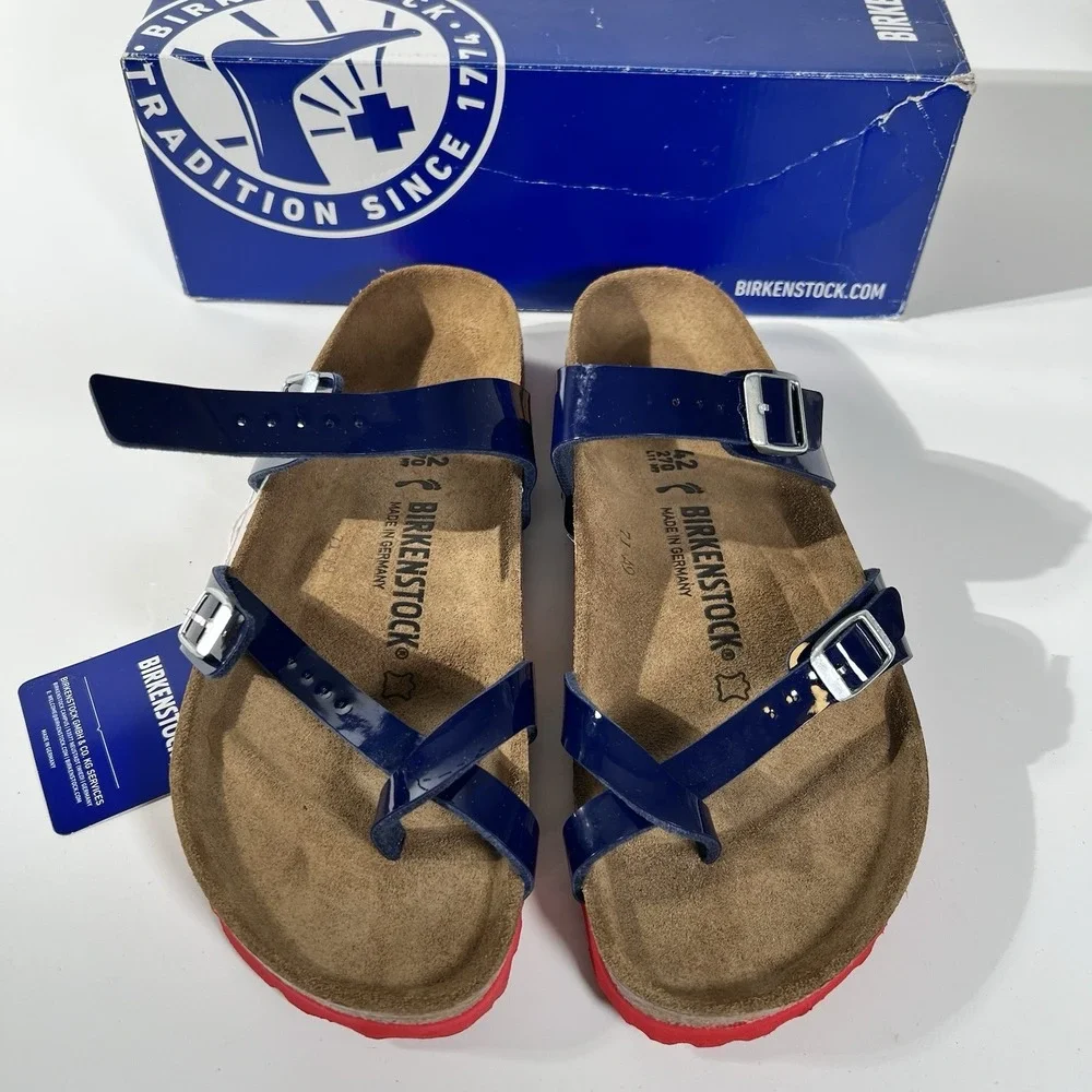 Birkenstock Women’s Navy Patent Rio Sandals with Red Sole
